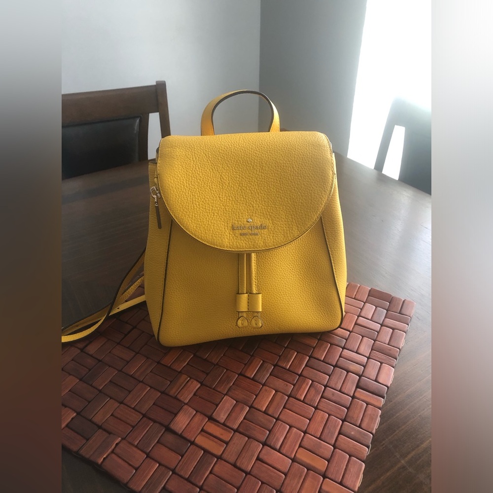 Kate Spade Leila Medium Flap Backpack Sunflower Fields Yellow Pebbled Leather